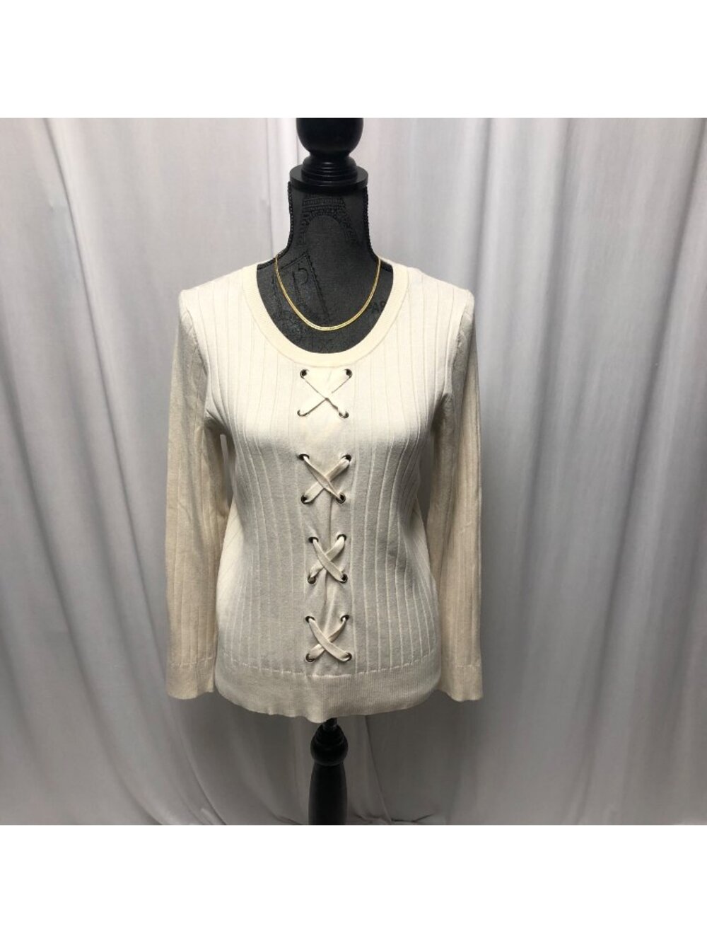 Emaline Sweater Womens Size Petite Large Long Sleeve Laced Front Ribbed Pullover